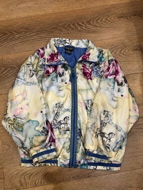 Vintage Pastel Floral, Unicorn & Tarot Card Print Bomber Jacket sz M whimsigoth